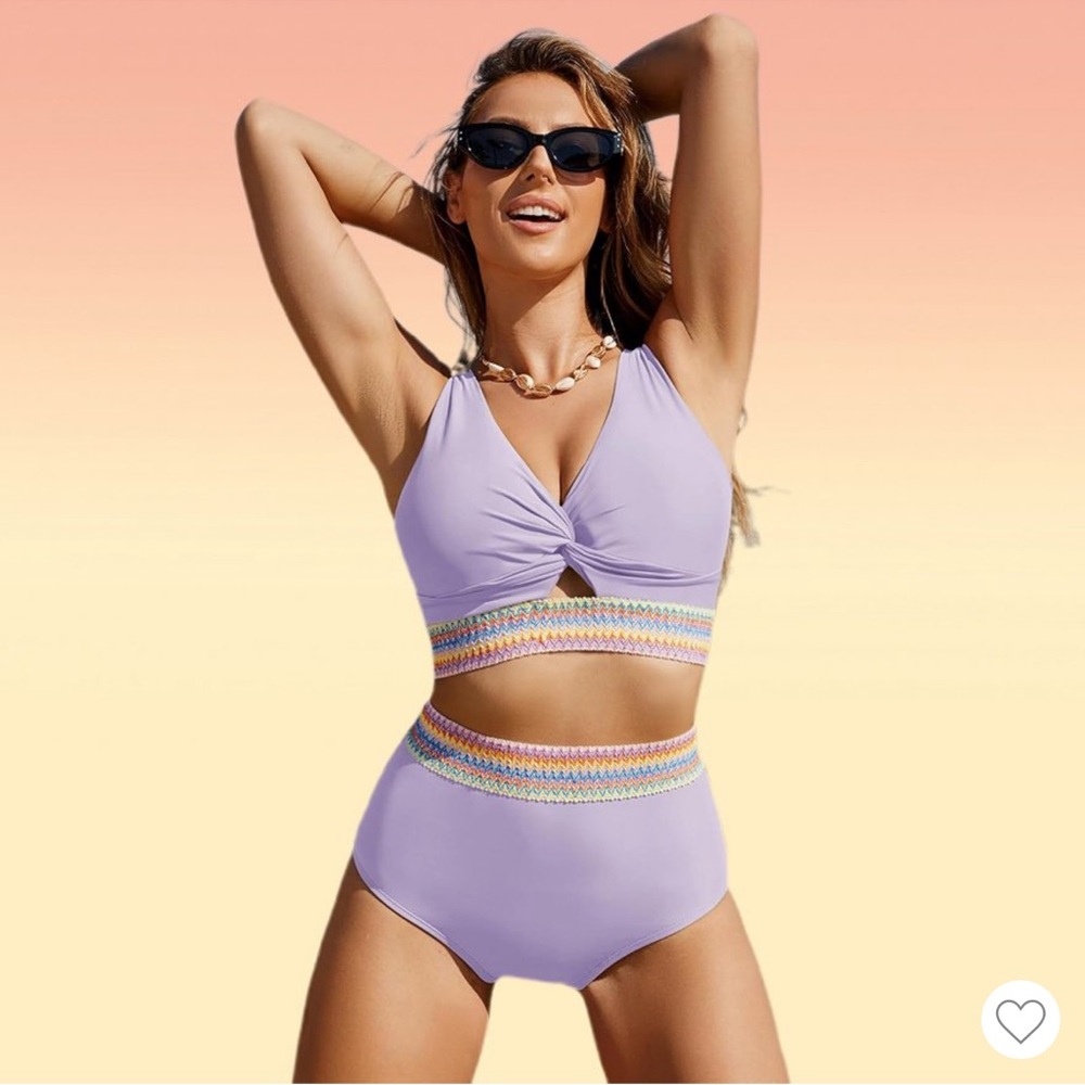 Bikini Swimsuit High Waisted Color Block Padded Top‎ Size Large